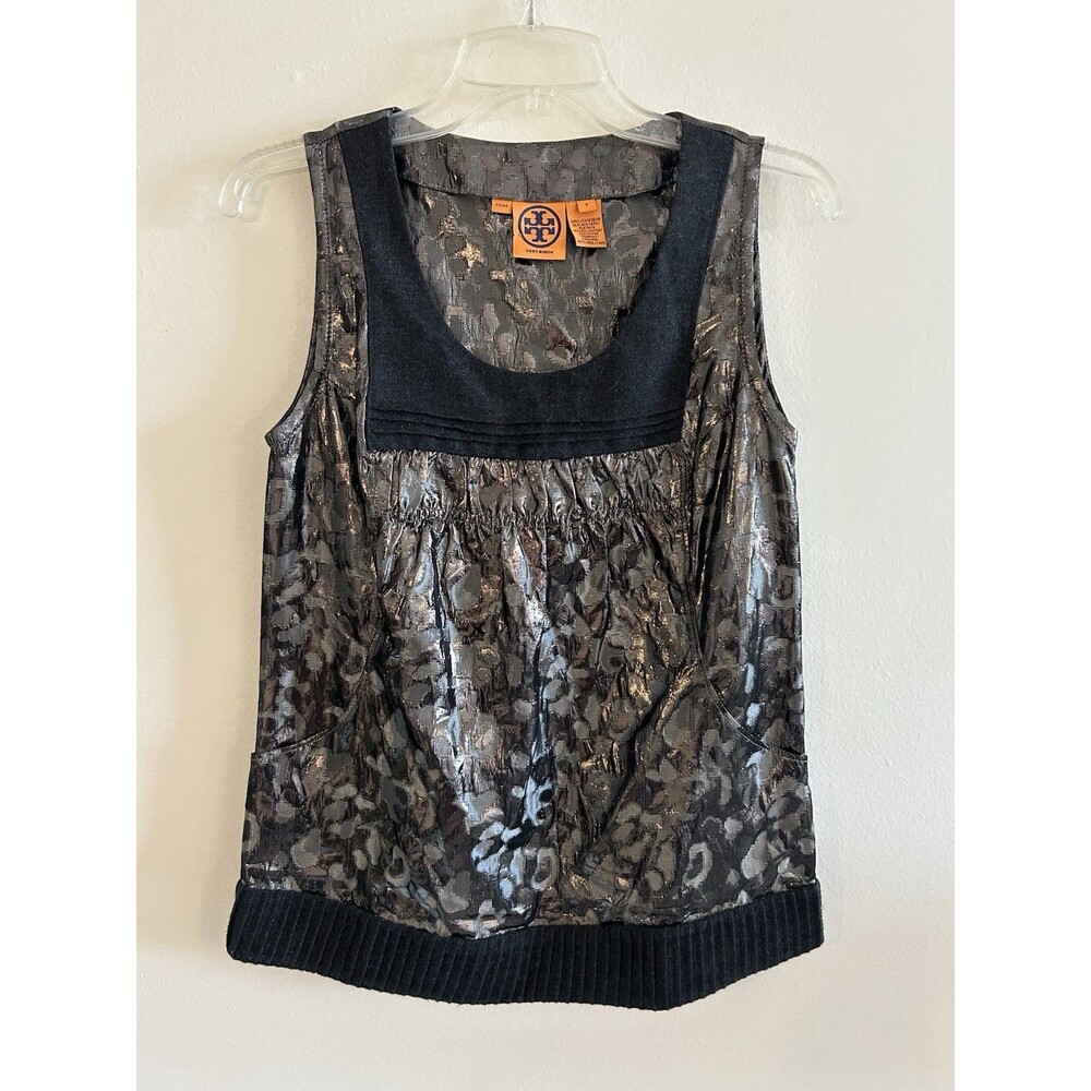 Tory Burch Claire Black Metallic Sleeveless Cheetah Knit Top Shirt Size 6